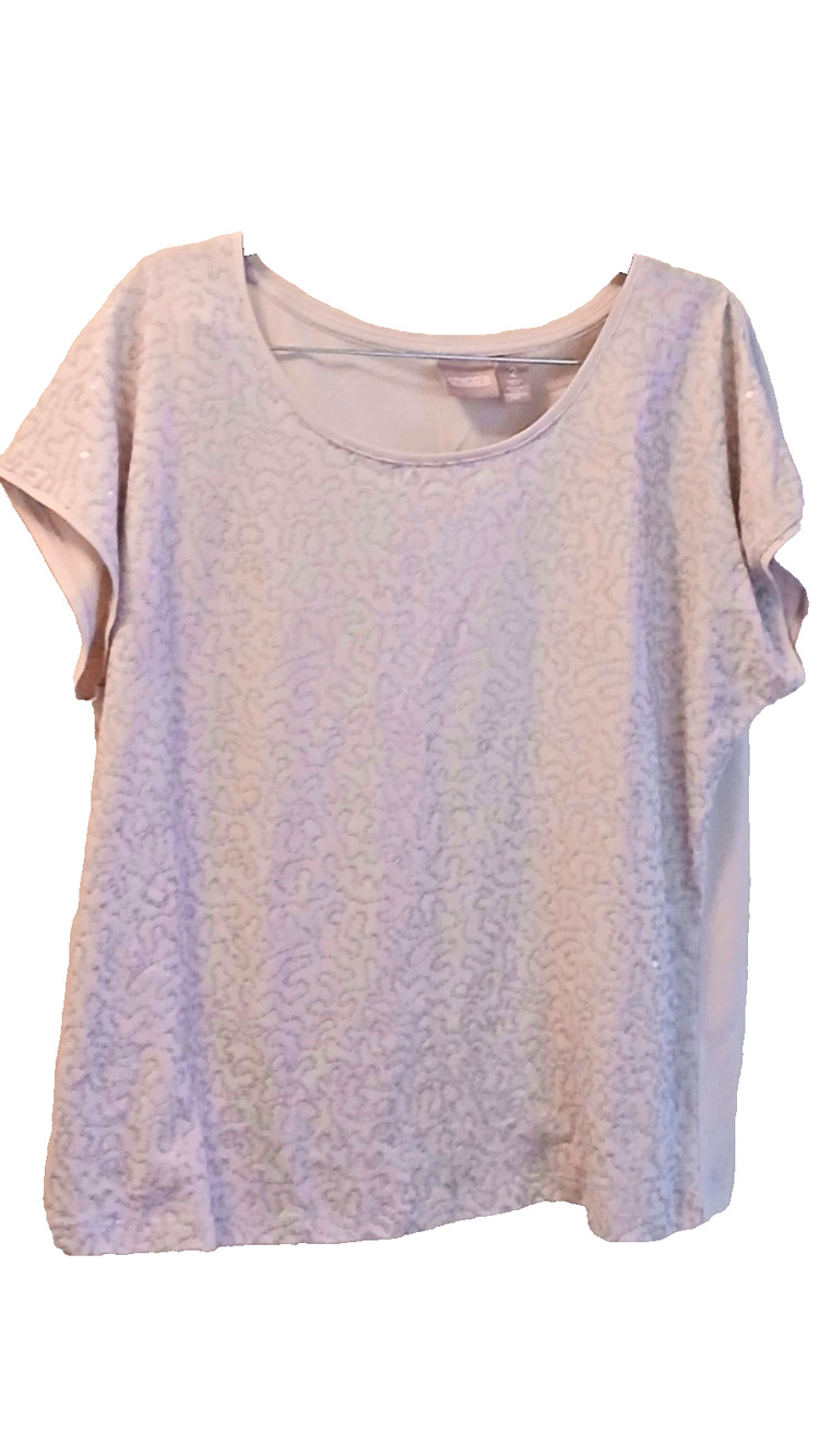 CHICOS BEIGE SILVER SHORT SLEEVE SEQUIN TOP SIZE 2